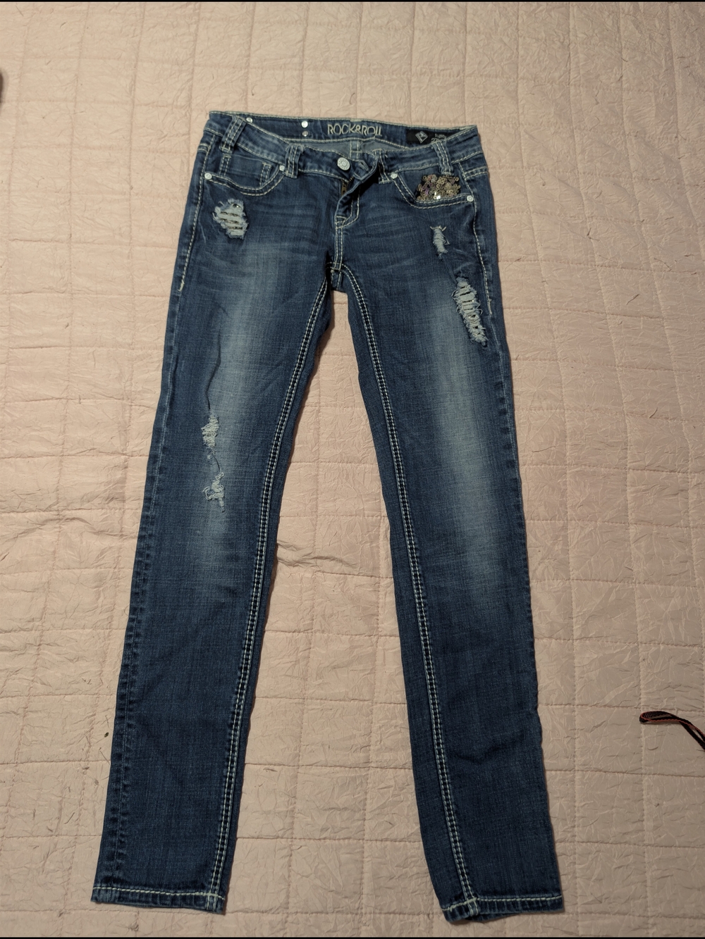 Rock & Roll Cowgirl Distressed Dark Blue Skinny Jeans